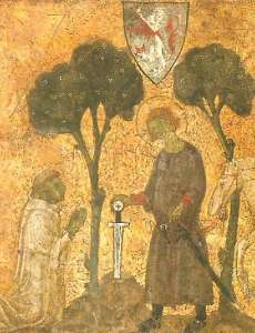 new_Galgano conficca la spada -illustrazione da tavoletta di Biccherna  - Archivio di Statoa di Siena