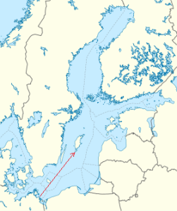 Cartina del Mar Baltico con la traiettoria del razzo "A4" caduto davanti alle Scogliere di Hoburg