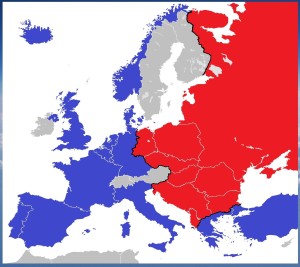 Cartina dell'Europa della "Guerra Fredda" con la divisione in due blocchi e la "Cortina di Ferro"