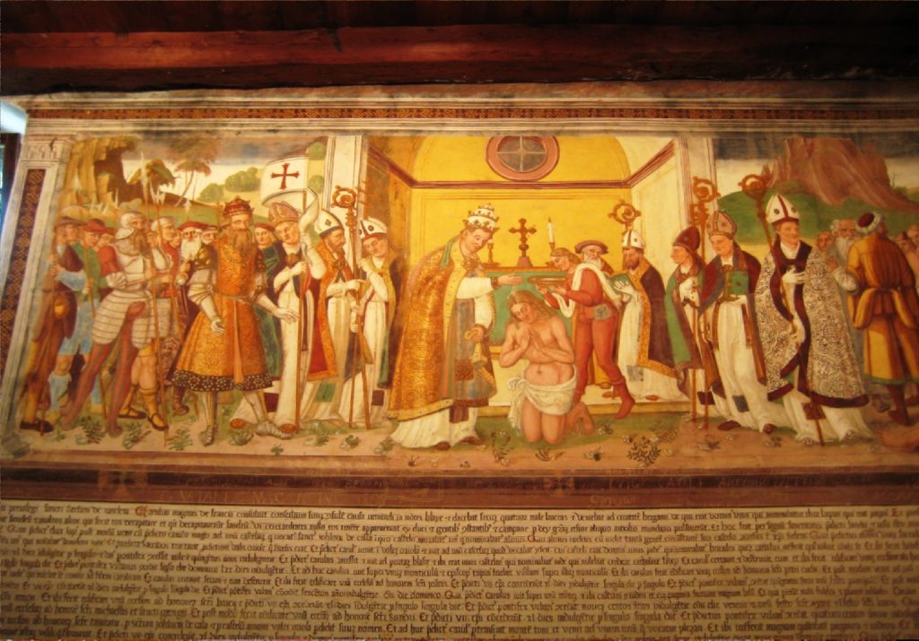 Chiesa S Stefano a Carisolo. A ffresco della leggenda di Carlo Magno di Simone Baschenis. 1534